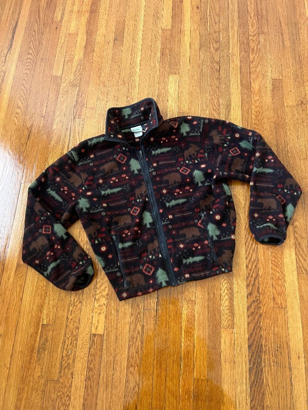 Vintage L.L. Bean Wild Animals Print Black Zip-Up USA Made Fleece Jacket - S/Med